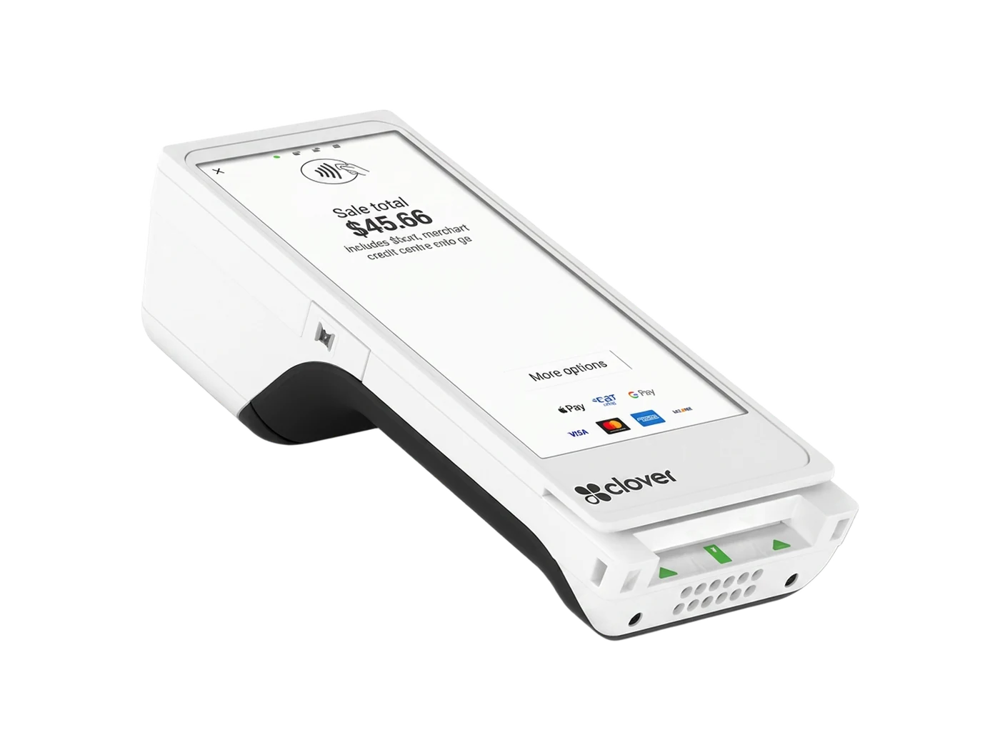 Clover Flex handheld point-of-sale device with a built-in receipt printer, screen facing forward