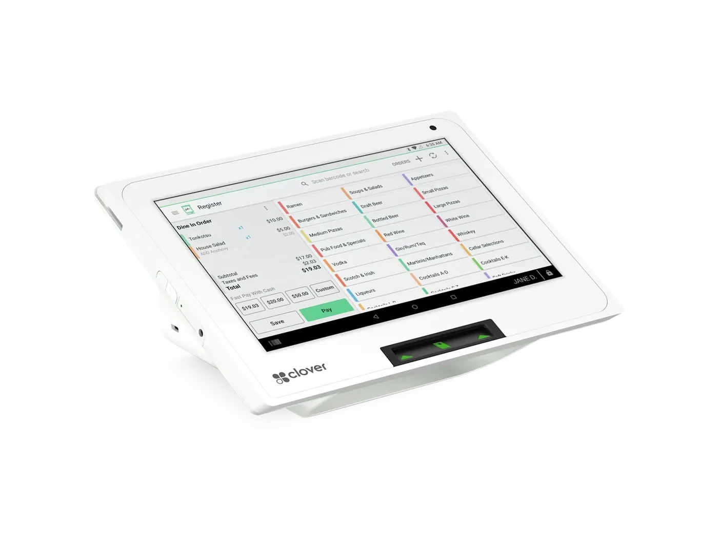 Clover Mini compact countertop point-of-sale system with its touchscreen facing forward