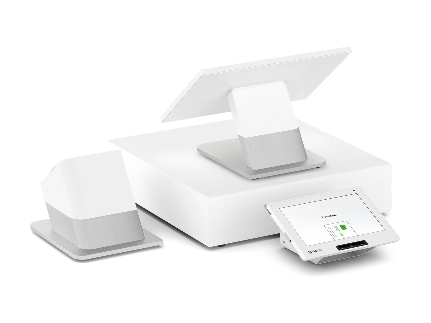 Clover Station Duo point-of-sale system with an employee display, customer-facing screen, receipt printer and cash drawer