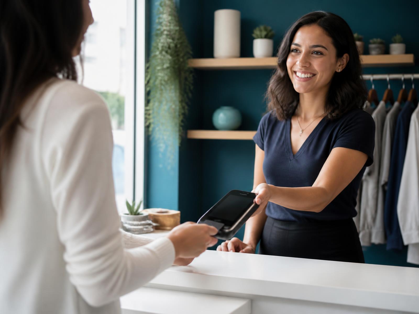 A shop owner handing a contactless payment terminal to a customer at a bright retail counter