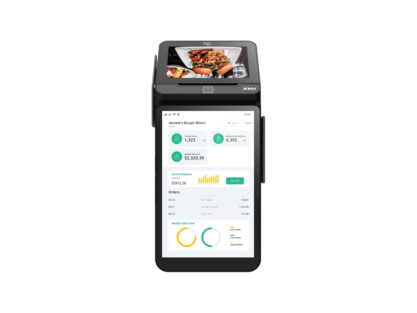 PAX A8700 dual-screen countertop payment terminal with a merchant touchscreen and a customer-facing display