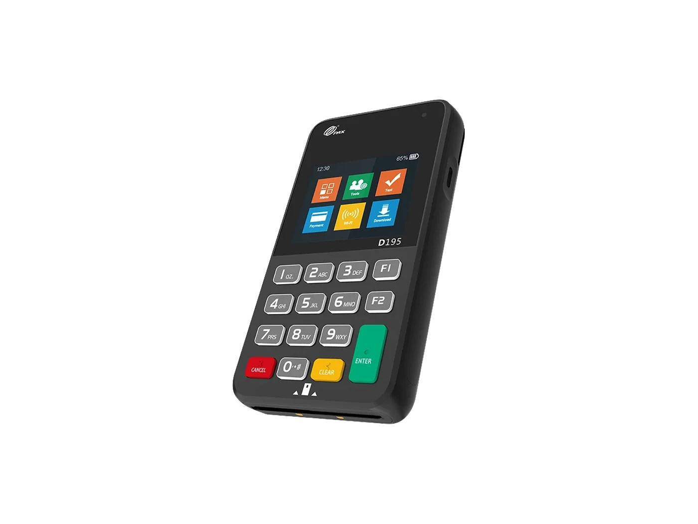 PAX D195 compact mobile card reader with a physical keypad and small colour screen