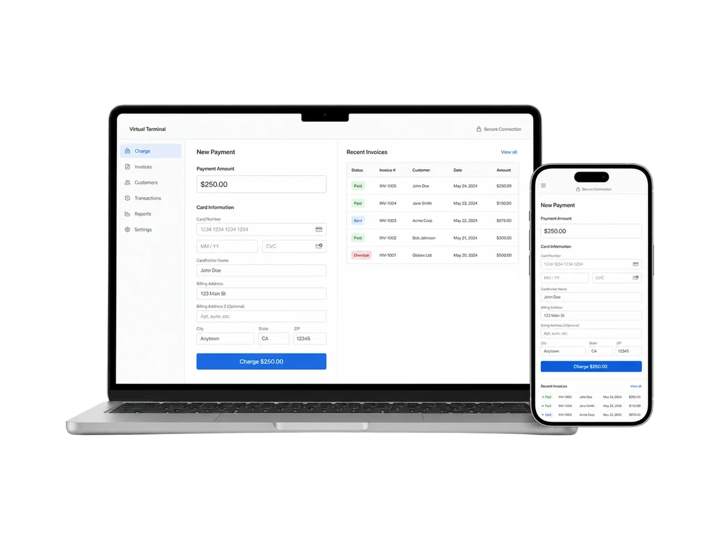 Provider-neutral secure virtual terminal interface shown in a laptop and smartphone mockup